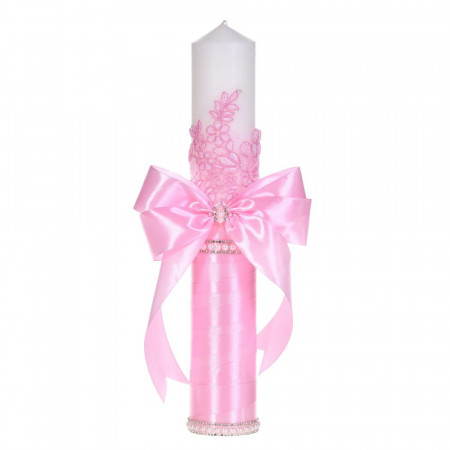 Set botez elegant, lumanare margelute si si trusou botez in landou, decor dantela roz ingusta, Denikos® C9305 - Img 5