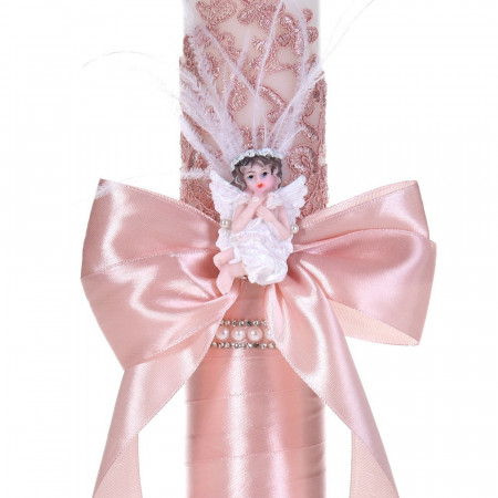 Set botez sic cu lumanare decor dantela, margelute si ingeras si trusou botez asortat, Roz pudra, Denikos® C9316 - Img 2