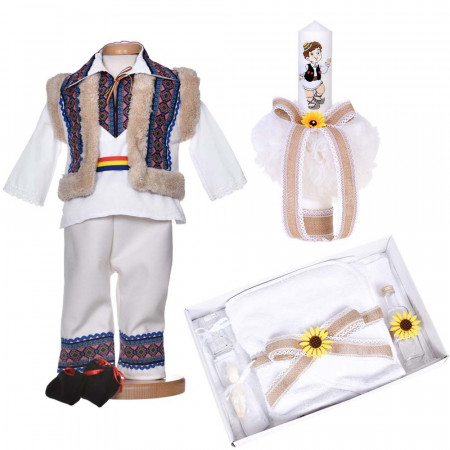 Set botez traditional baiat, trusou botez national, lumanare si costum popular, Denikos® C9279