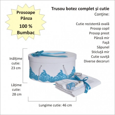 Set elegant trusou botez, cutie trusou si lumanare iepuras pufos, dantela si fundite, decor Turcoaz, Denikos® 933 - Img 3