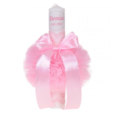 Set elegant trusou botez, cutie trusou si lumanare personalizata cu nume, decor dantela Roz, Denikos® 935 - Img 3