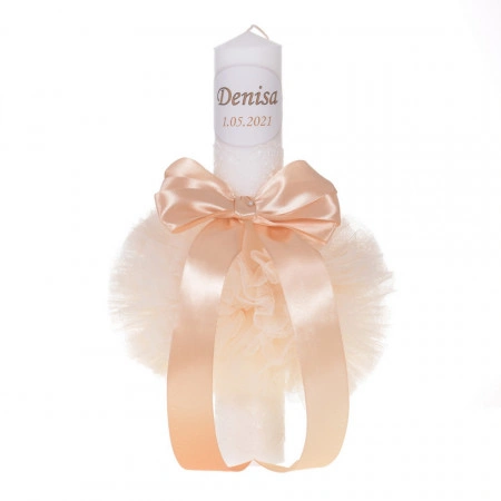Set elegant trusou botez, cutie trusou si lumanare personalizata cu nume, decor dantela Crem, Denikos® 941 - Img 3