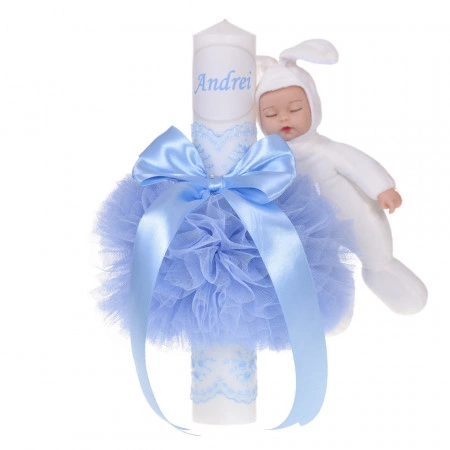 Set elegant trusou botez, cutie trusou si lumanare personalizata cu nume, decor dantela Bleu cu iepuras, Denikos® 949 - Img 3