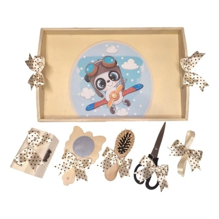 Set tava mot panda aviator, baietel 1 an, fundite crem / ivoire cu buline Denikos® TV004 - Img 2