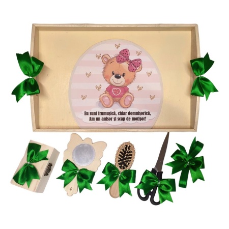 Set tava mot ruperea turtei tema Ursulet, fetita, funda Verde, Denikos® TV083 - Img 2
