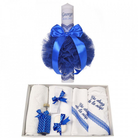 Trusou botez cu mesaj si lumanare botez personalizata, decor albastru, Denikos® 785