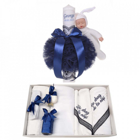 Trusou botez cu mesaj si lumanare botez personalizata, decor bleumarin cu iepuras, Denikos® 792