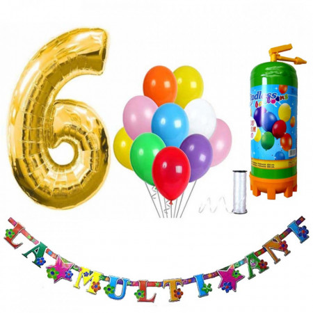 Butelie heliu, cifra 6 balon folie, banner si 10 baloane latex