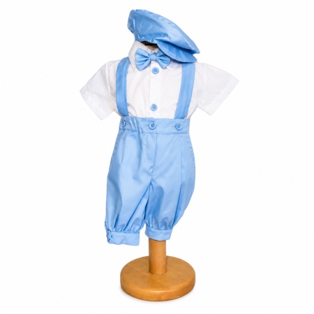 Costum botez baiat bleu cu pantaloni trei sferturi, bretele, papion si basca eleganta Denikos® H043 - Img 2