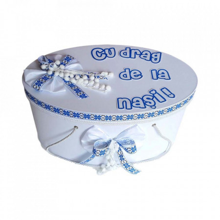 Cutie trusou botez personalizata cu mesaj, decor traditional albastru, Denikos® 227