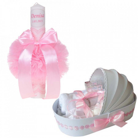 Lumanare botez personalizata si trusou botez in landou, decor Roz cu floricele, Denikos® 776