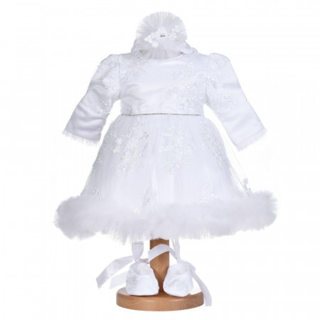 Rochie botez fete, cu volanas, culoare alb diafan, 3 piese, Denikos® H033