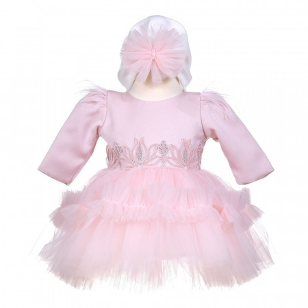 Rochita botez fetita, fustita tul, culoare roz pudra, 2 piese, Denikos® H052