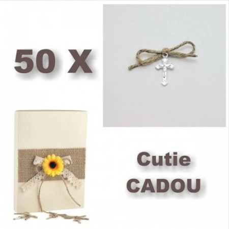 Set 50 cruciulite botez cu snur iuta si cutie cadou tema rustica CC-011 - Img 3