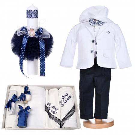 Set botez, costum botez baietel, 5 piese, trusou botez cu mesaj si lumanare cu ingeras, Denikos® C1162