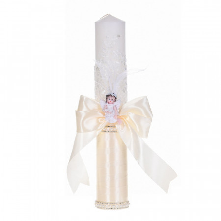 Set botez cu lumanare decor dantela, margelute si ingeras si trusou botez asortat, Crem / Ivoire, Denikos® C9314 - Img 3