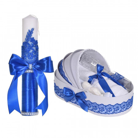 Set botez elegant, lumanare margelute si si trusou botez in landou, decor dantela albastra ingusta, Denikos® C9301