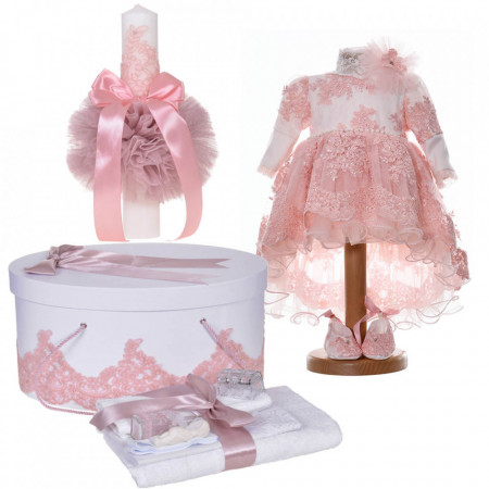 Set botez, rochita cu trena, 3 piese, trusou botez, cutie trusou si lumanare, decor dantela roz pudra, Denikos® C9188