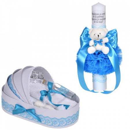 Set lumanare botez cu mesaj si ursulet si trusou botez in landou, decor dantela turcoaz ingusta, Denikos® C1092