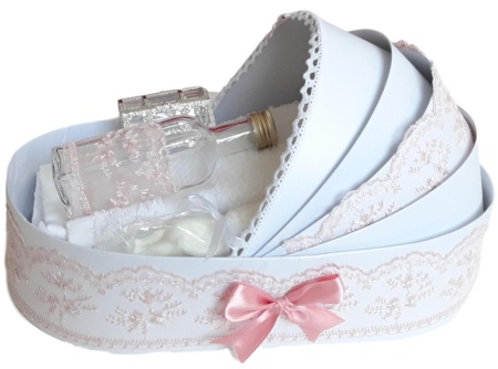 Set lumanare botez personalizata cu mesaj, trusou complet in landou decorat cu dantela pentru botez si set baita cu nasii dupa botez pentru fetita, culoare roz prafuit, Denikos NK149 - Img 2