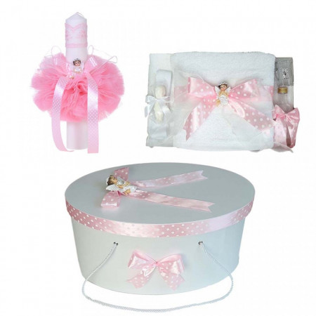 Set trusou botez, cutie trusou si lumanare, Ingeras, fundita roz, Denikos® 14
