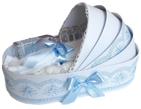 Set trusou botez in landou, lumanare dantela si set pentru prima baita dupa botez pentru baieti, culoare bleu, Denikos NK123 - Img 3
