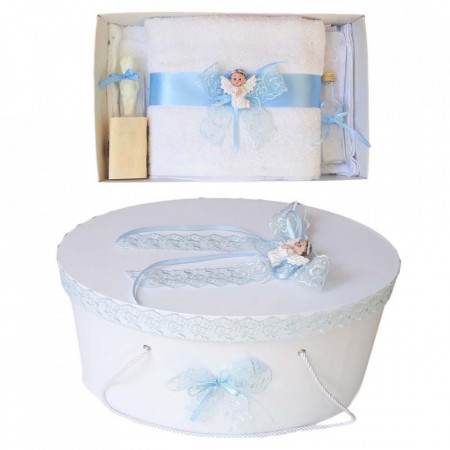 Set trusou botez si cutie trusou, Ingeras, dantela bleu, Denikos® 446