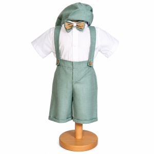 Costum botez baiat vernil cu pantaloni trei sferturi cu bretele, camasa tip body, papion si bascuta eleganta, Denikos® H047