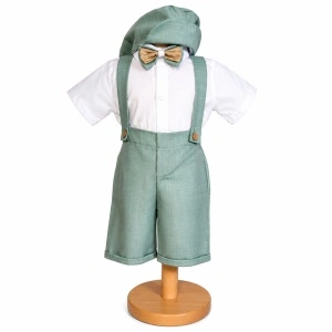 Costum botez baiat vernil cu pantaloni trei sferturi cu bretele, camasa tip body, papion si bascuta eleganta, Denikos® H047