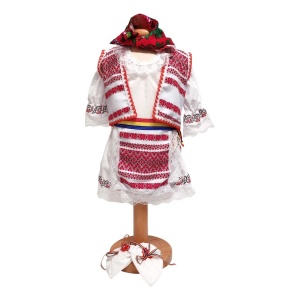 Costum botez national pentru fetite, alb, decor rosu, 5 piese, Denikos®PTB07 - Img 3