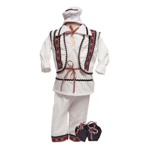 Costum botez traditional pentru baiat, alb, decor negru, rosu, 5 piese, Denikos®PTB05