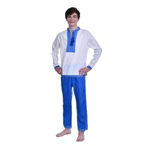 Costum traditional baiat, 2 piese, alb - bleu, Denikos®TD234