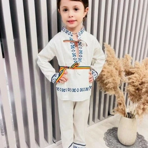 Costum traditional baietel, 3 piese, alb - albastru, 1 - 9 ani, Denikos® 0205