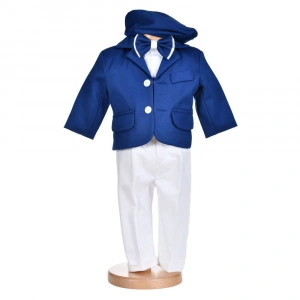Costumas botez baietel, albastru dichisit, 5 piese, Denikos® H012