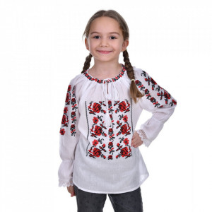 Ie traditionala fetita, alba, broderie florala rosie, 1 - 16 ani, DNK0166