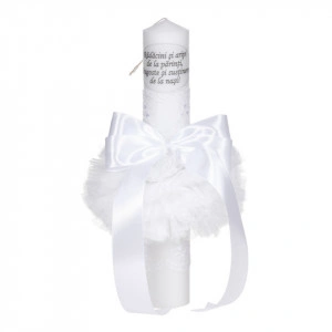 Lumanare botez cu mesaj, decor alb, cu fundita si dantela, Denikos® C1032