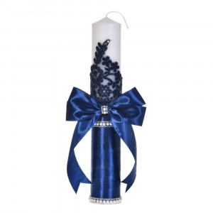 Lumanare botez decor bleumarin elegant, dantela, margelute si fundita asortata, Denikos® C1191