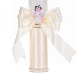 Lumanare botez eleganta decor crem / ivoire, dantela, ingeras cu pene si fundita asortata, Denikos® C1184 - Img 3