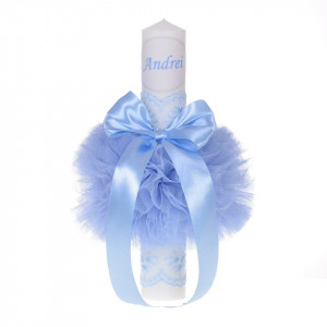 Lumanare botez personalizata, decor bleu cu tul si dantela, Denikos® 726