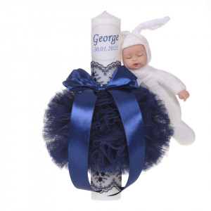 Lumanare botez personalizata, decor bleumarin cu tul, dantela si o jucarie iepuras, Denikos® 736