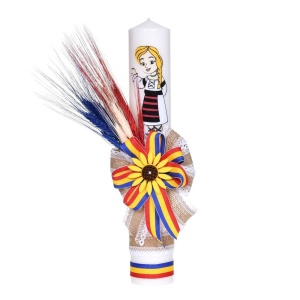 Lumanare botez traditionala fetita, cu floarea-soarelui, spice colorate si funda tricolor, Denikos® LT05