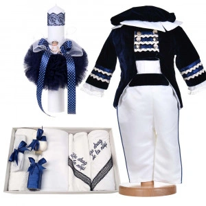 Set botez, costum botez baiat, Little Prince, 4 piese, trusou botez cu mesaj si lumanare cu ingeras, Denikos® C1172