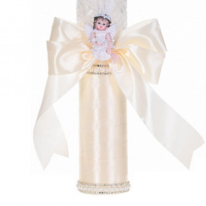 Set botez cu lumanare decor dantela, margelute si ingeras si trusou botez asortat, Crem / Ivoire, Denikos® C9314 - Img 4