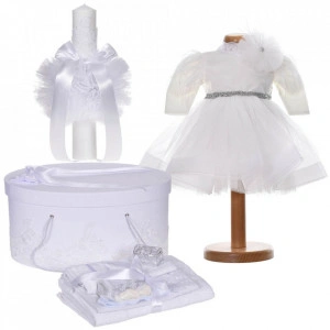 Set botez elegant, rochita 2 piese, trusou botez, cutie trusou si lumanare, decor dantela alba, Denikos® C9186 - Img 1