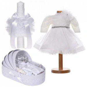 Set botez elegant, rochita 2 piese, trusou botez si lumanare, decor dantela alba, Denikos® C9196