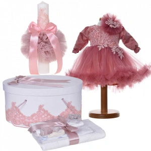 Set botez fetita, rochita 2 piese, trusou botez, cutie trusou si lumanare, decor roz pudrat inchis, Denikos® C9184