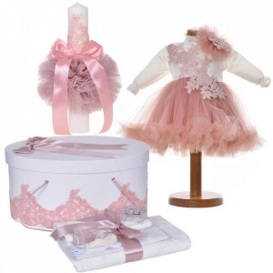 Set botez fetita, rochita botez 2 piese, trusou botez, cutie trusou si lumanare, decor alb, roz pudra, Denikos® C9182