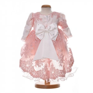 Set botez, rochita cu trena, 3 piese, trusou botez, cutie trusou si lumanare, decor dantela roz pudra, Denikos® C9188 - Img 5