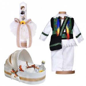 Set botez traditional baietel, trusou botez landou, lumanare si costum traditional, Denikos® 1044