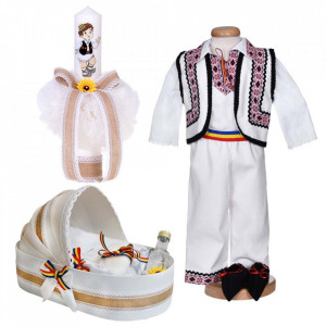 Set botez traditional baietel, trusou botez landou, lumanare si costum national, Denikos® 1040